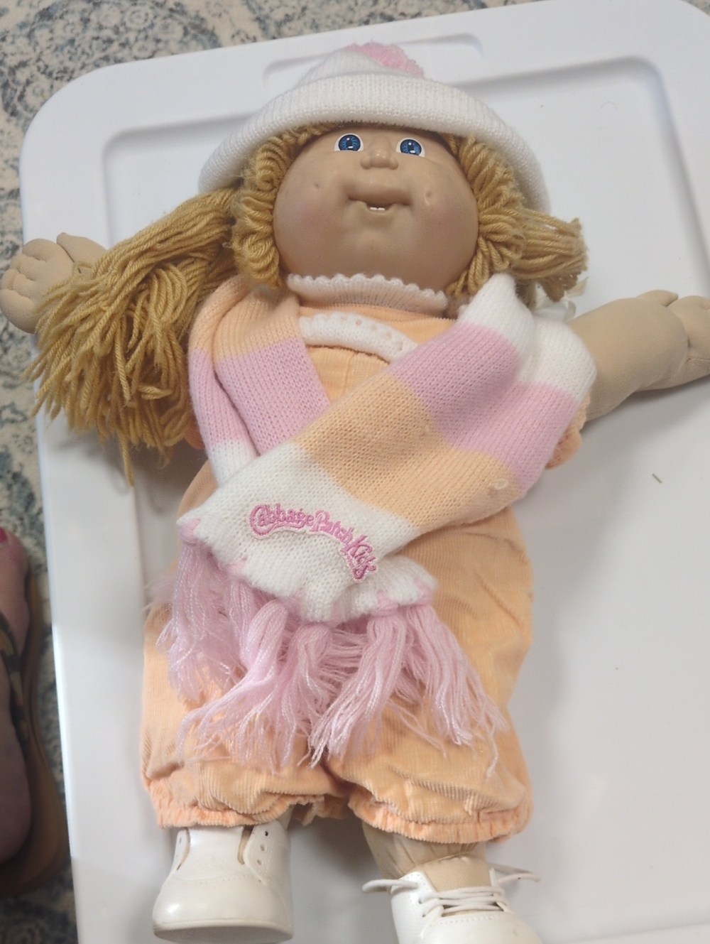 1983 Cabbage Patch Kids Connie Peach Doll with Rare Pink & Cream Striped Scarf